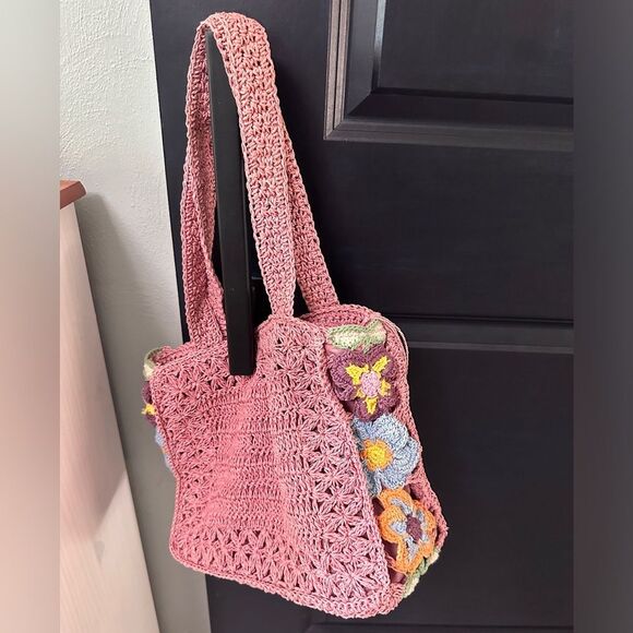 Womens Boho Multicolor Granny Square  100% Paper Bag Tote Purse Rose Pink - Picture 1 of 8